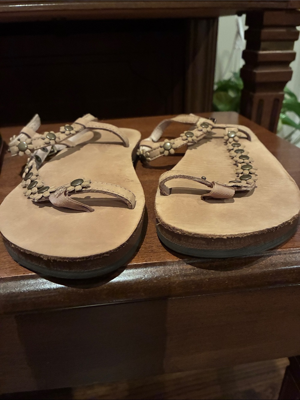 Rainbow Beige Floral-Stud T-Strap Women's Sandals
